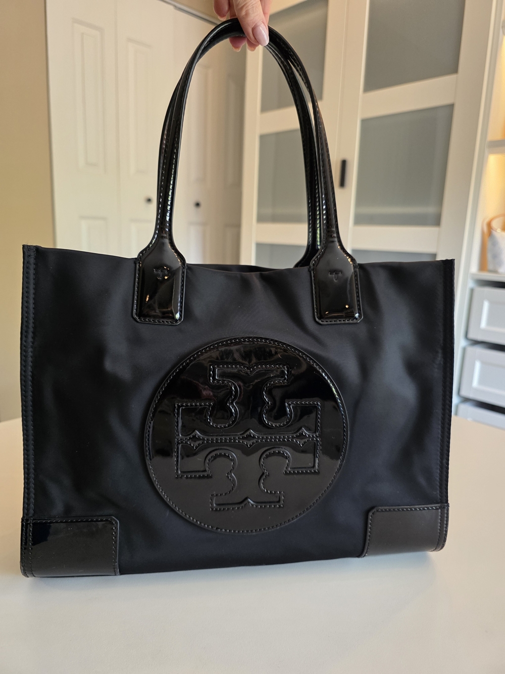 Tory Burch Small Ella Tote - Black Nylon/Patent Leather Logo Tote